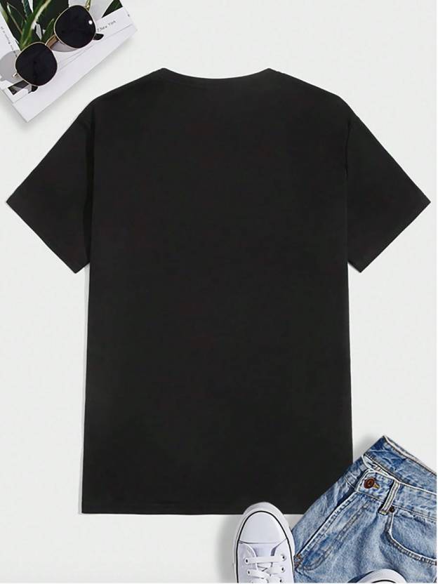 Men's Printed Round Neck Polyester Black T-shirt
