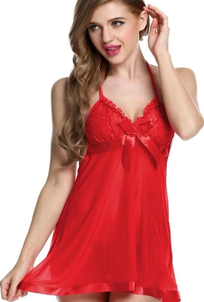 Romance In Maroon Nighty - Premium Satin Material Maroon, Free Size