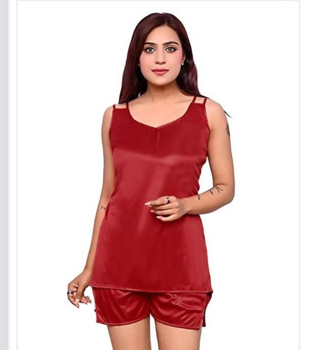 Satin Nightdress Set For Women Red, M