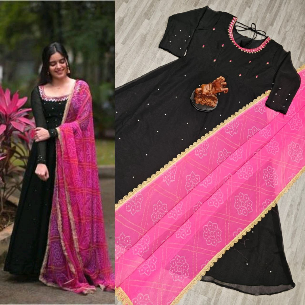Womens Solid Georgette Gown Kurta With Dupatta, Long Kurti Ethnic D...