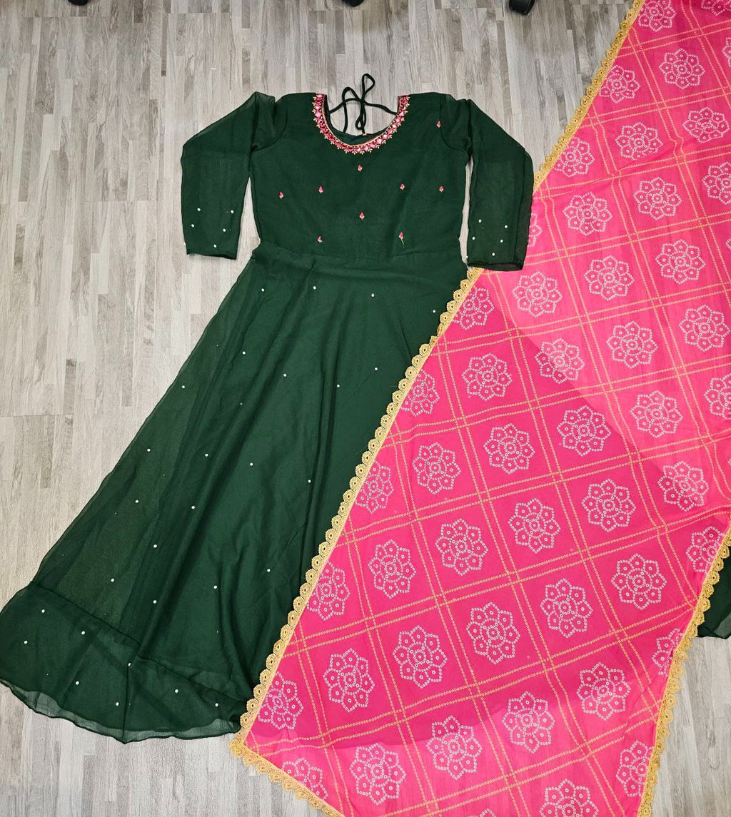 Womens Solid Georgette Gown Kurta With Dupatta, Long Kurti Ethnic D...