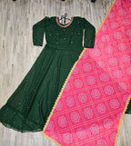 Womens Solid Georgette Gown Kurta With Dupatta, Long Kurti Ethnic D...