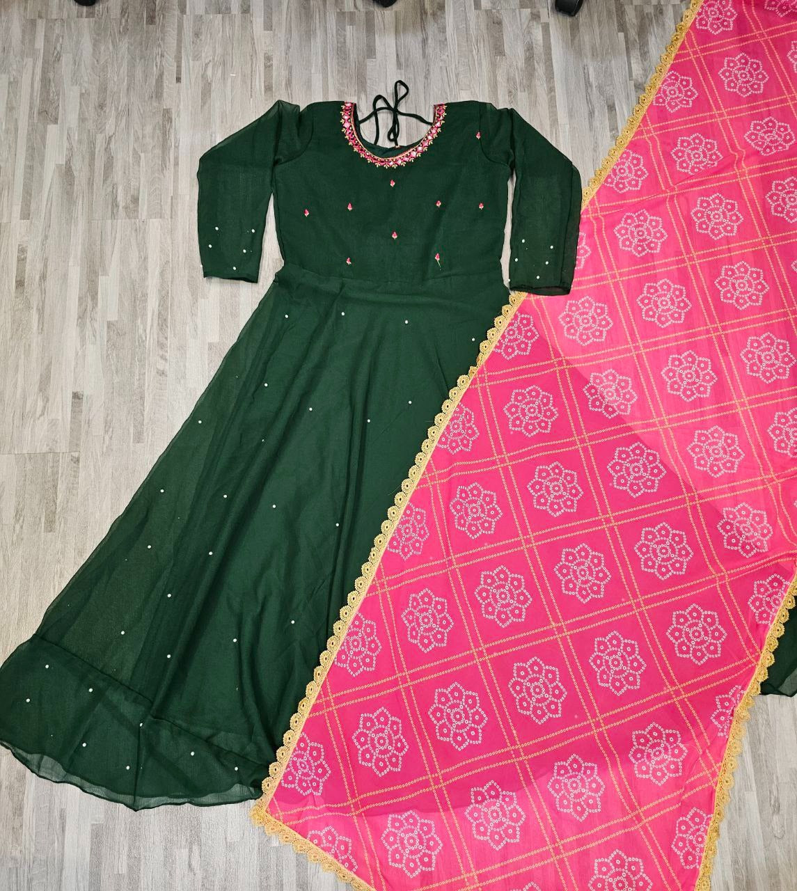 Womens Solid Georgette Gown Kurta With Dupatta, Long Kurti Ethnic D...