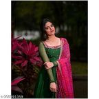 Womens Solid Georgette Gown Kurta With Dupatta, Long Kurti Ethnic D...