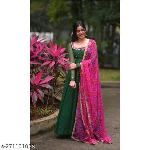 Womens Solid Georgette Gown Kurta With Dupatta, Long Kurti Ethnic D...