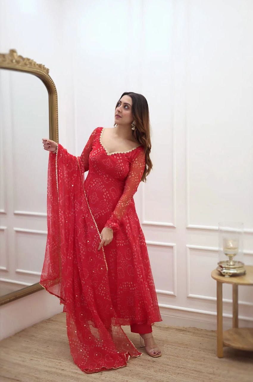 Womens Red Bandhani Styles Gown