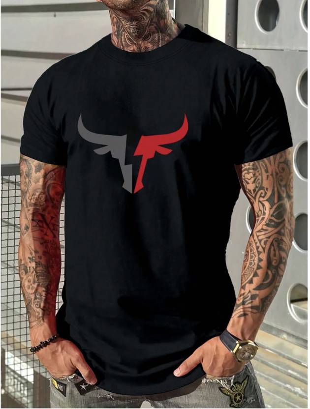 Men's Printed Round Neck Polyester Black T-shirt