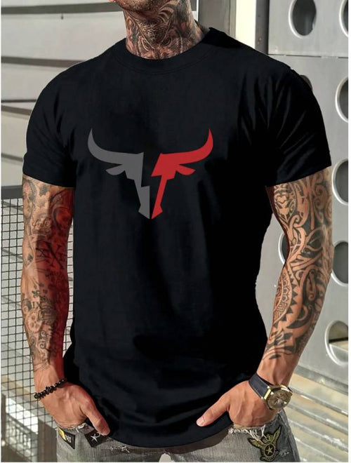 Men's Printed Round Neck Polyester Black T-shirt