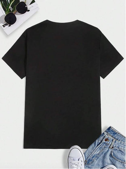 Men's Printed Round Neck Polyester Black T-shirt