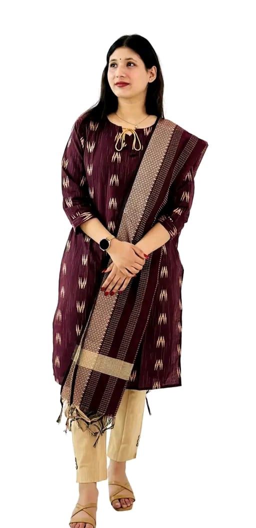 Womens Cotton Kurta Pant Set With Dupatta