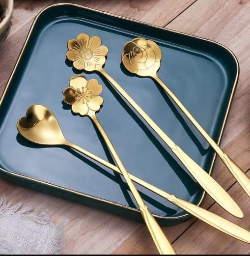 Golden Floral Spoon Set of 4 - Stainless Steel Decorative Spoons