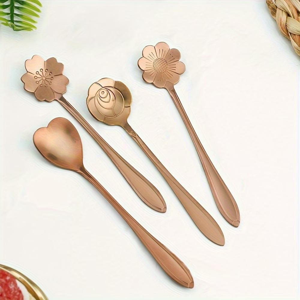 Golden Floral Spoon Set of 4 - Stainless Steel Decorative Spoons