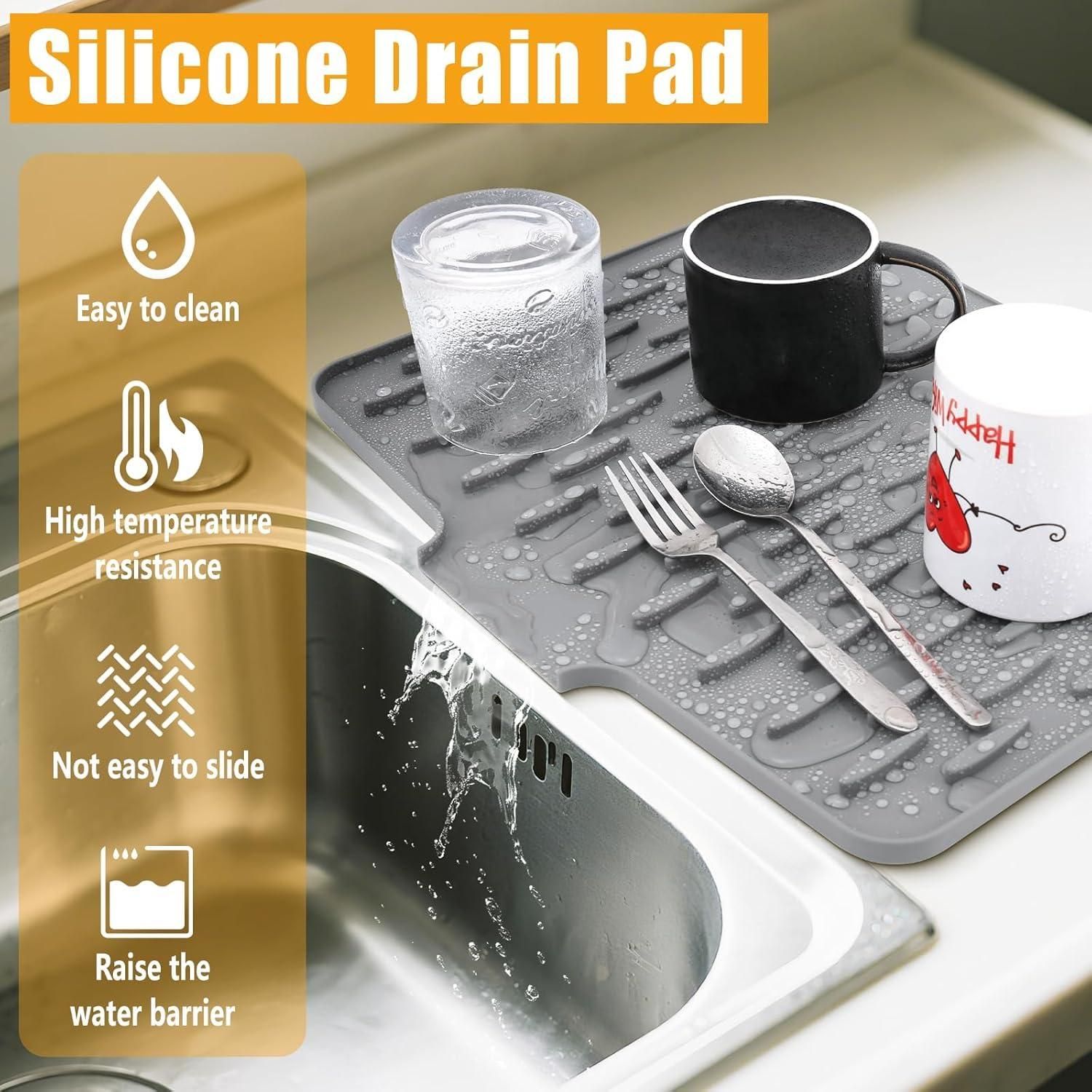 Silicone Dish Drying Mat for Kitchen - Anti-Slip Quick-Drying with Water Droplet Design