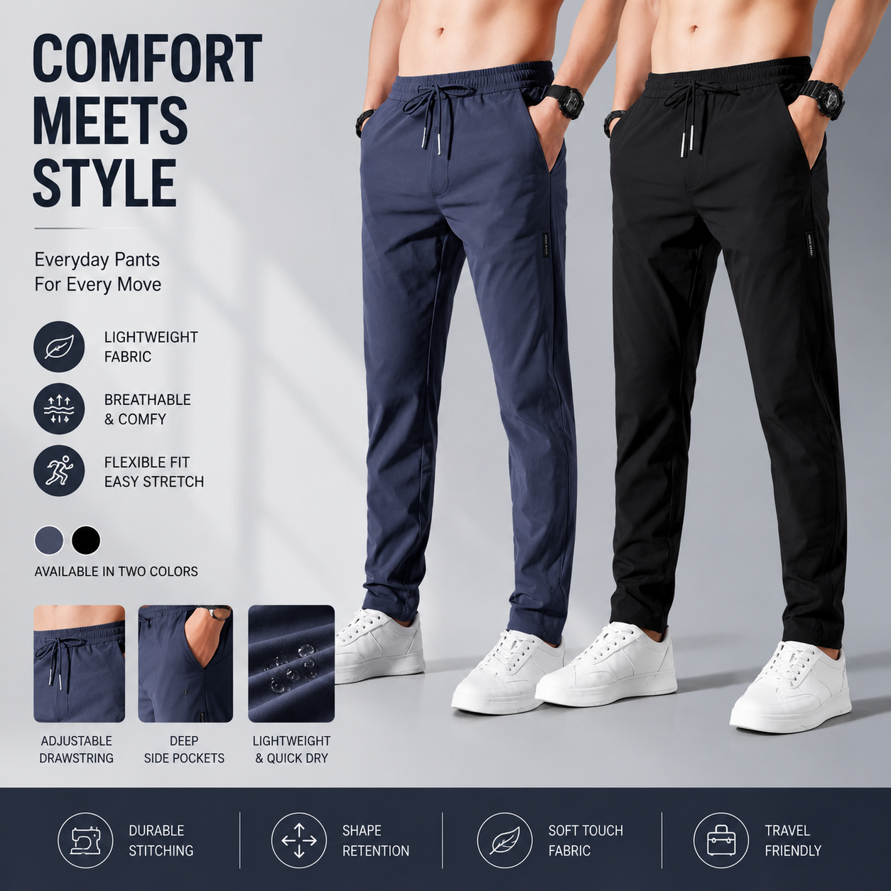 Pack of 2 – Men's High Stretch Skinny Lycra Pants (Blue & Black)