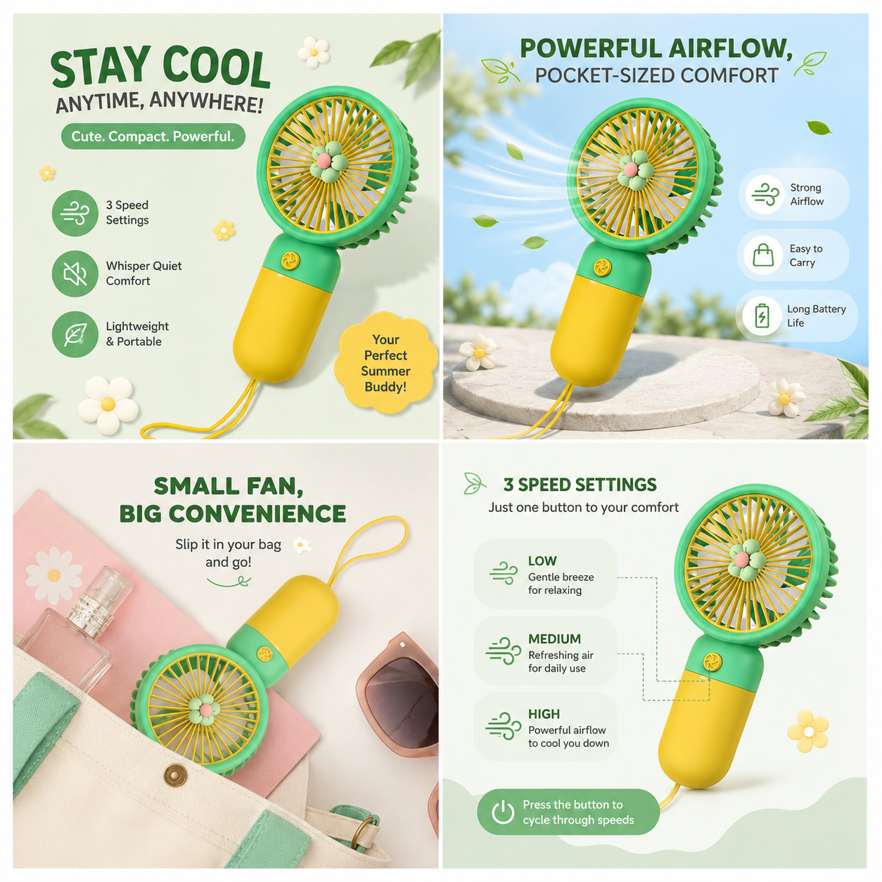 Portable Handheld Fan – Ultra Quiet Little Flower Design, Battery Operated