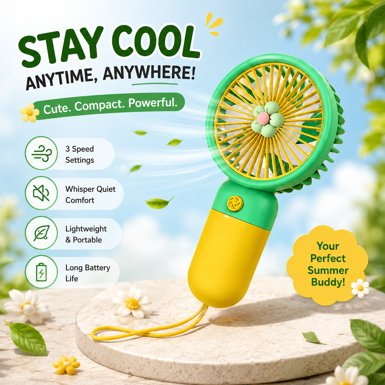 Portable Handheld Fan – Ultra Quiet Little Flower Design, Battery Operated