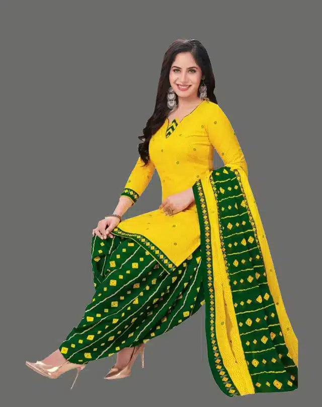 Crepe Printed Dress Material For Women Girls Yellow Green