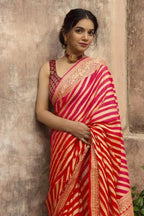 Jacquard Striped Saree For Women - Elegant Red Saree With Blouse Piece