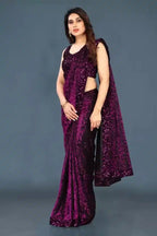 Lycra Sequence Saree For Women Purple, 6.3 M