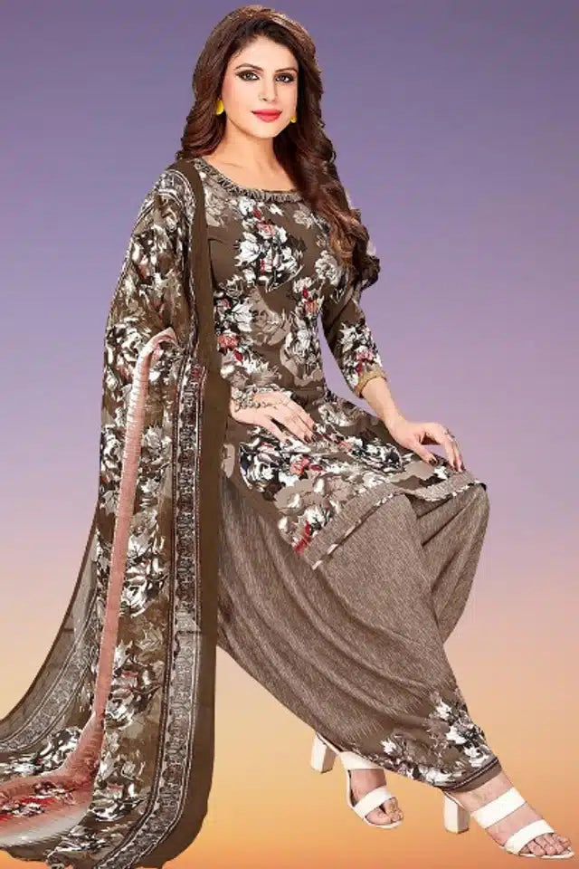 Crepe Printed Unstitched Dress Material For Women Brown, 2 M