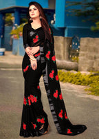 Georgette Embroidered Saree For Women Bottle Green, 6.3 M
