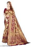 Jacquard Saree With Blouse For Women (golden& Dark Red, 6.3m)