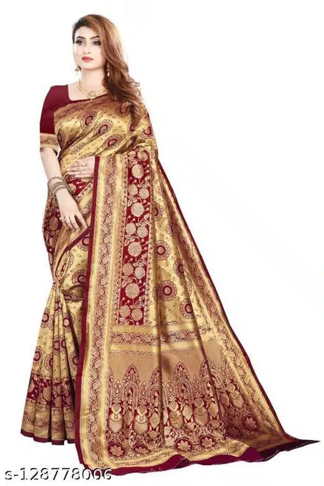 Jacquard Saree With Blouse For Women (golden& Dark Red, 6.3m)