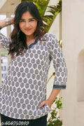 Stylish White Multicolor Hand Block Print Cotton Kurti For Girls An...