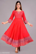 Rayon Printed Anarkali Kurti For Women Red, S