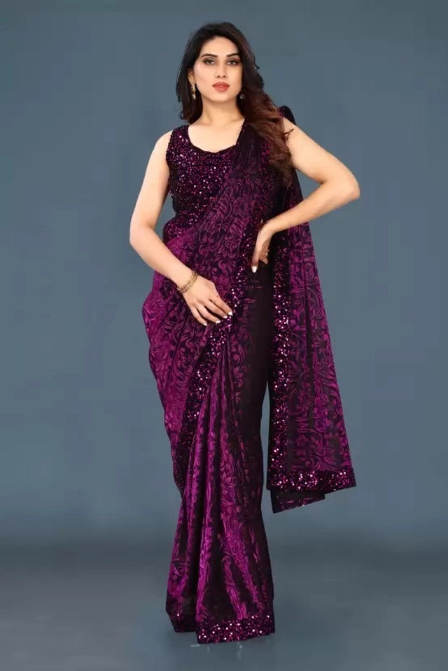 Lycra Blend Solid Saree For Women Navy Blue, 6.3 M