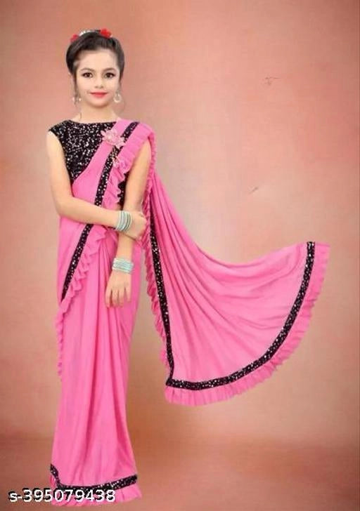 Lycra Solid Saree For Girls Baby Pink, 3-4 Years