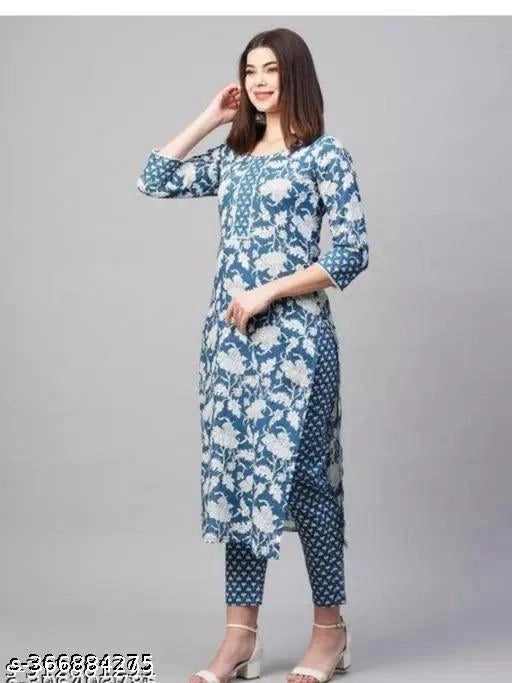 Cotton Printed Kurti With Pant For Women Multicolor, S