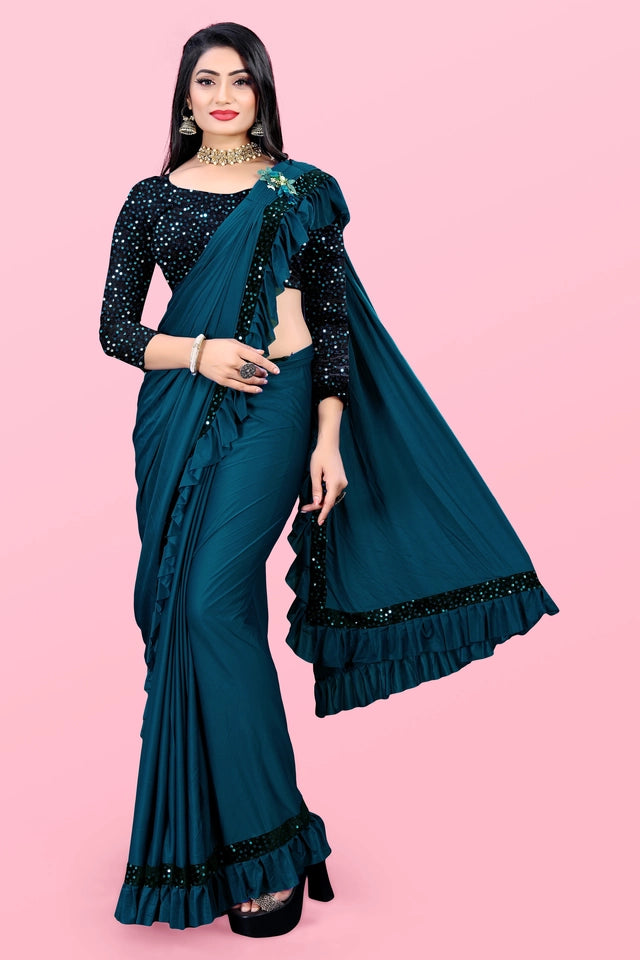 Lycra Blend Solid Saree For Women Sea Green, 6.3 M