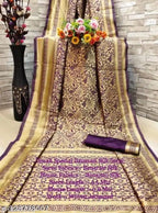 Jacquard Saree With Blouse For Women Golden Dark Red, 6.3m
