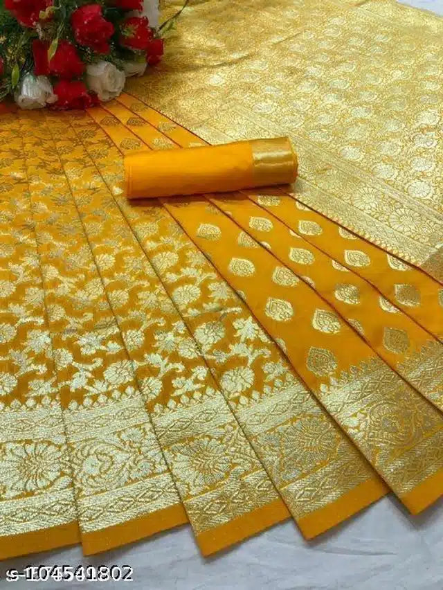 Banarasi Silk Saree With Blouse For Women Yellow, 6.3m
