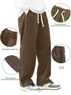 Mens Corduroy Casual Pants Fashion Loose Fit Wide Leg Pants Straight Sweatpants Elastic Waist Drawstring