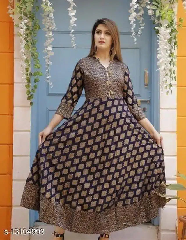 Rayon Printed Anarkali Kurti For Women Navy Blue, S