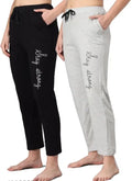 Cotton Blend Straight Fit Trouser For Women Black Grey, M Pack Of 2