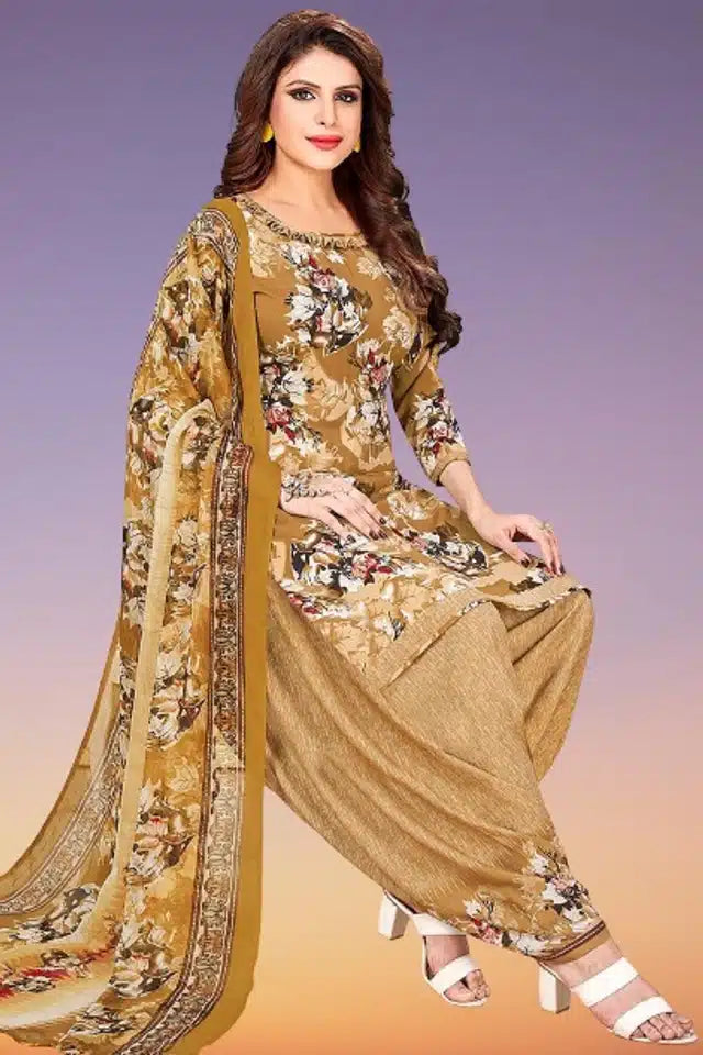 Crepe Printed Unstitched Dress Material For Women Beige, 2 M