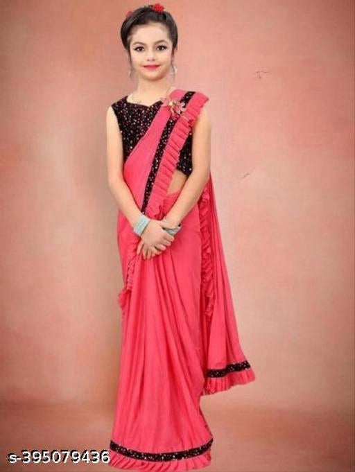 Lycra Solid Saree For Girls Pink, 3-4 Years