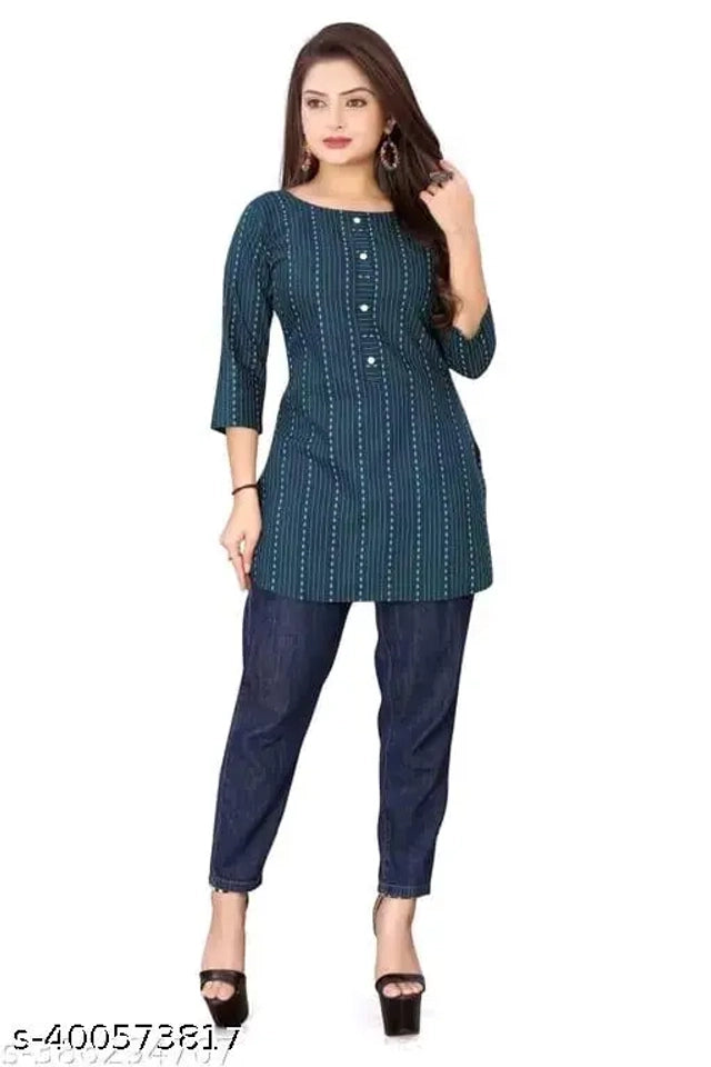 Cotton Solid Short Kurti For Women Navy Blue, S