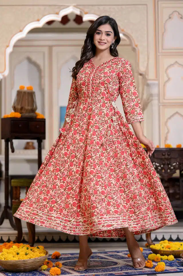 Cotton Printed Anarkali Kurti For Women Red, M