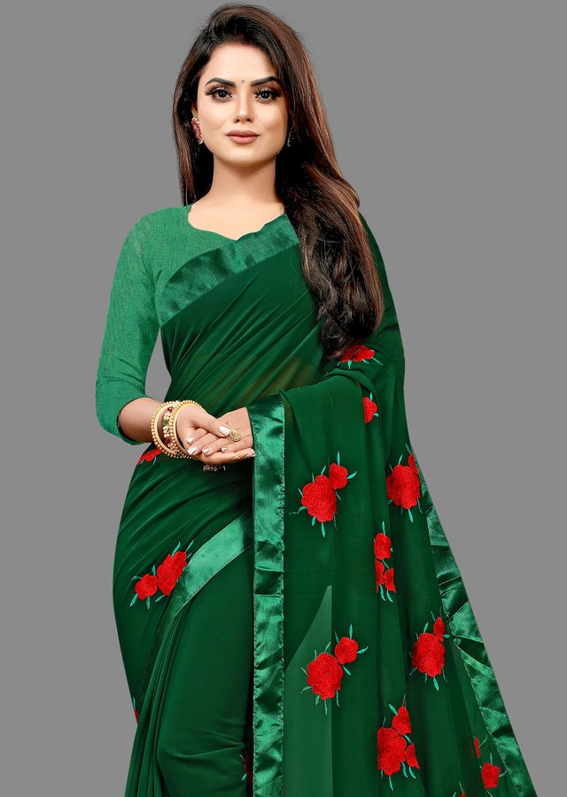 Georgette Embroidered Saree For Women Bottle Green, 6.3 M