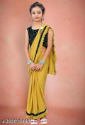 Lycra Solid Saree For Girls Mustard, 5-6 Years