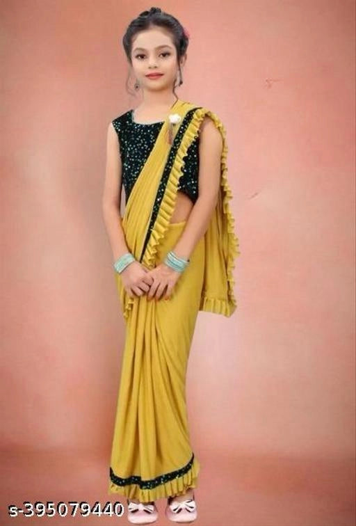 Lycra Solid Saree For Girls Mustard, 5-6 Years