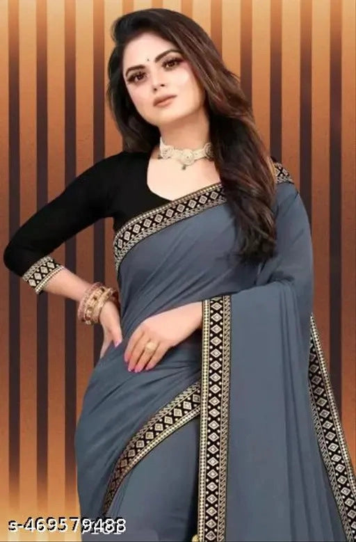 Lycra Blend Solid Saree For Women Black, 6.3 M