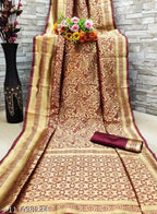 Banarasi Silk Saree With Blouse For Women Golden And Dark Red, 6.3m