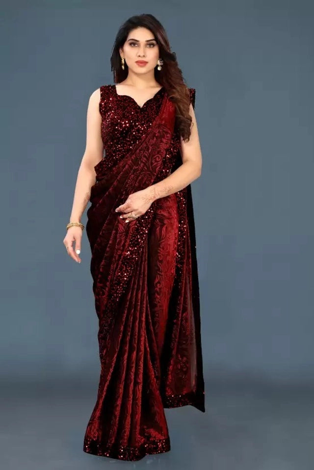 Lycra Blend Solid Saree For Women Navy Blue, 6.3 M