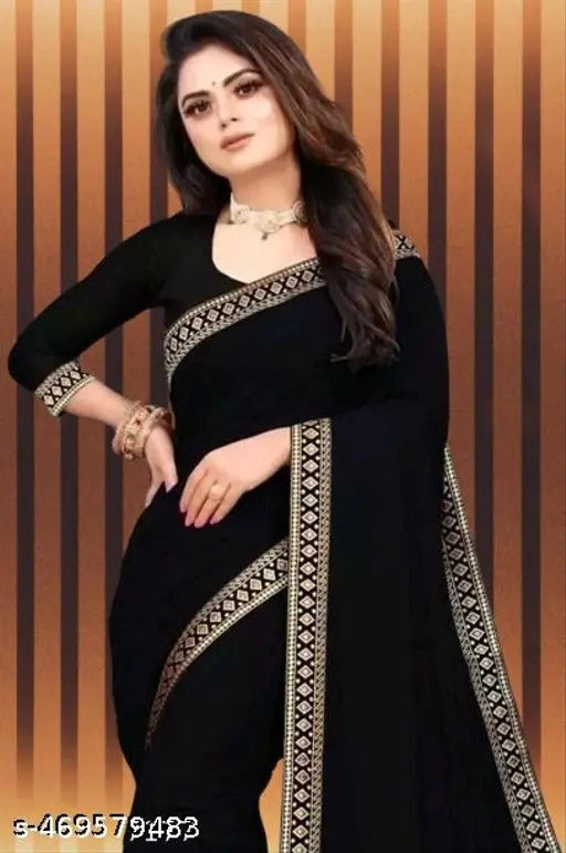 Lycra Blend Solid Saree For Women Black, 6.3 M