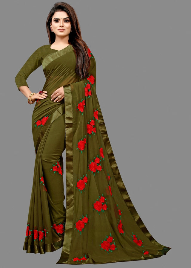 Georgette Embroidered Saree For Women Bottle Green, 6.3 M